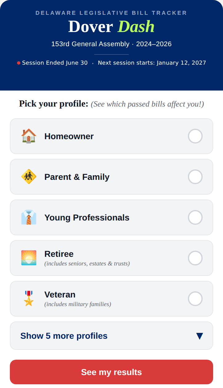 Dover Dash on a phone: pick your profile, like Homeowner, Parent & Family, Retiree or Veteran, then see your results.