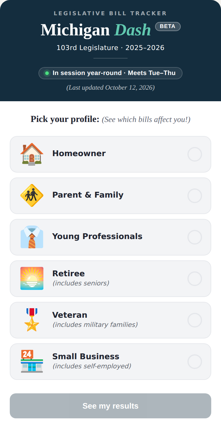 Michigan Dash on a phone: pick your profile, like Homeowner, Parent & Family, Retiree, Veteran or Small Business, then see your results.